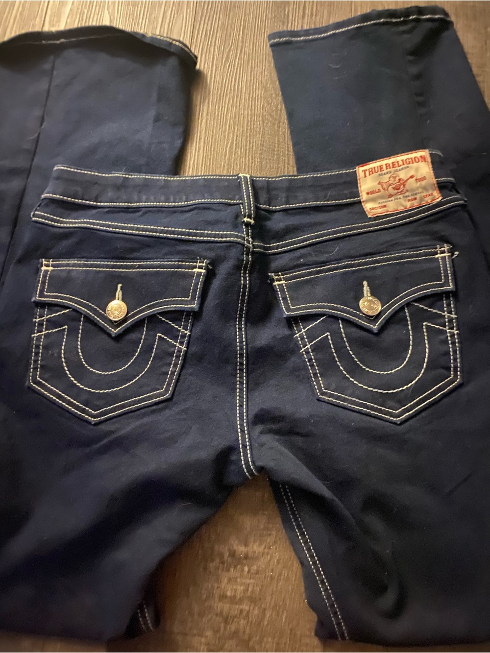 True Religion Women's Navy Bell bottom  Jeans with White Stitching